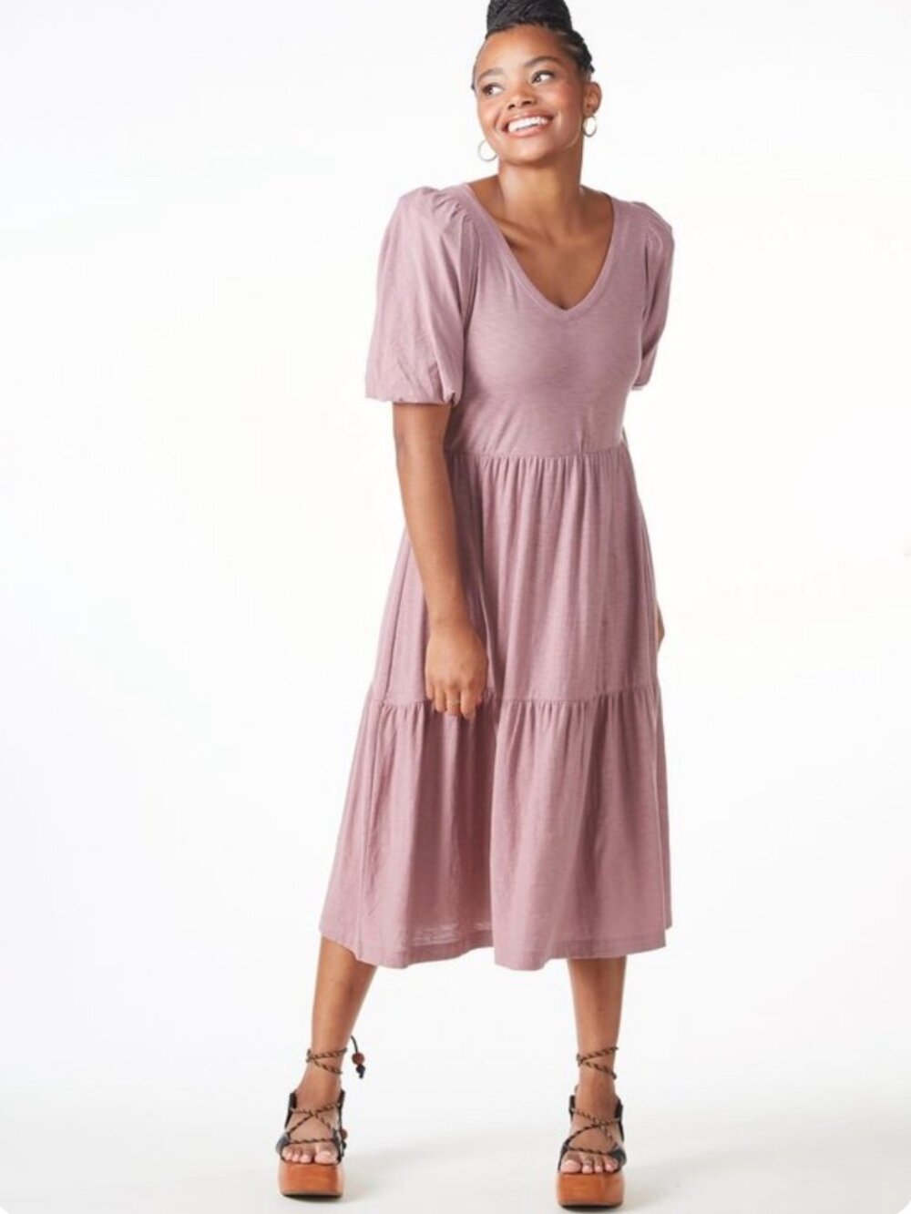 Nation LTD Geri Puff Sleeve Peasant Dress Cotton Mauve Size Small